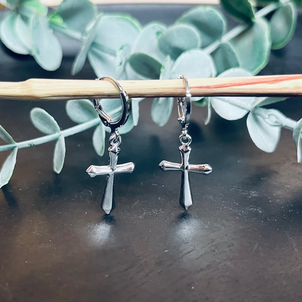 Cross Huggie Hoop Earrings | 14k White Gold Plated | Spiritual Goth Witchy Boho